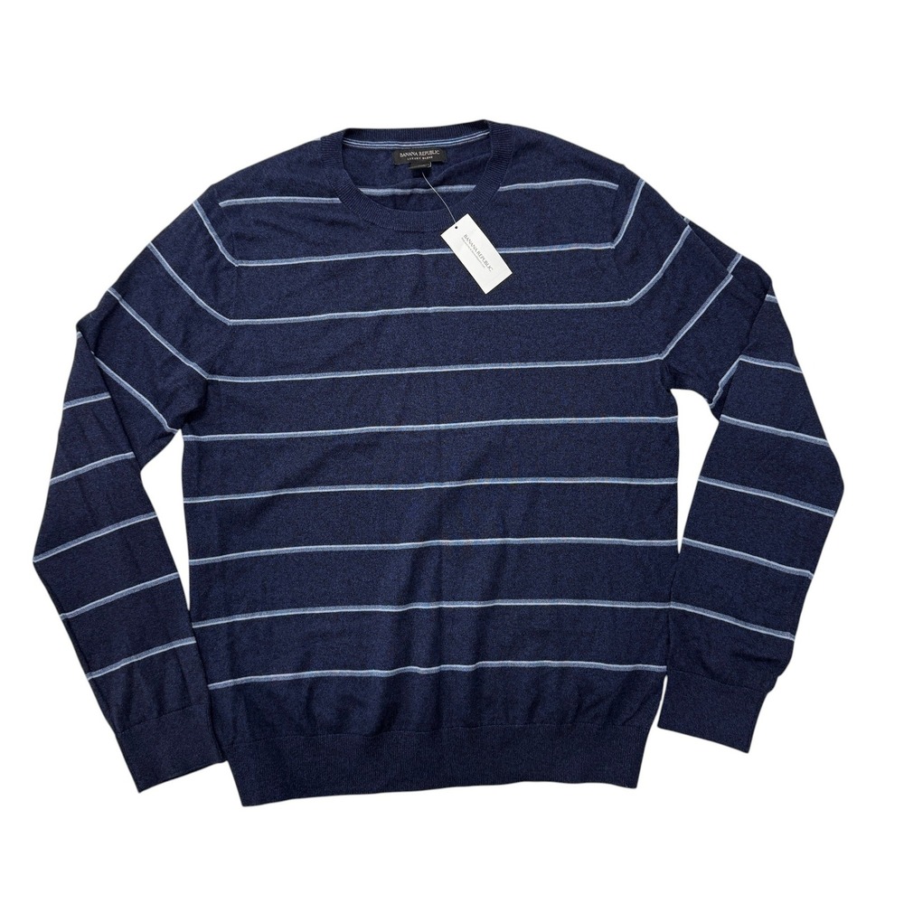 Banana Republic Silk Cotton Cashmere Striped Sweater Navy Blue Mens Medium New - Picture 10 of 11
